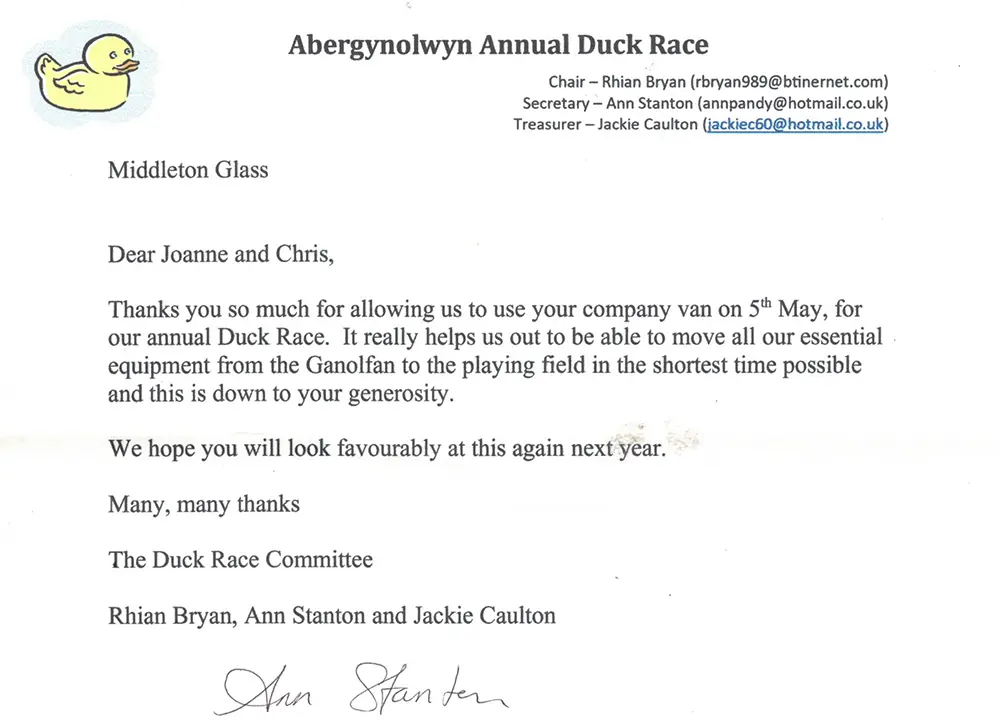 2024 Duck Race Letter of Thanks to Middleton Glass Ltd.,