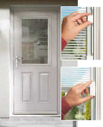 Picture showing how to use mini blinds fitted to Visage Door, supplied by Middleton Glass Ltd., Tywyn
